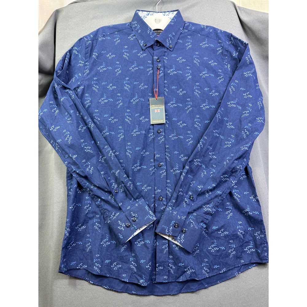 Guide London Men's Navy Blue Floral Dot Stretch Button Down Shirt Large LS.75585